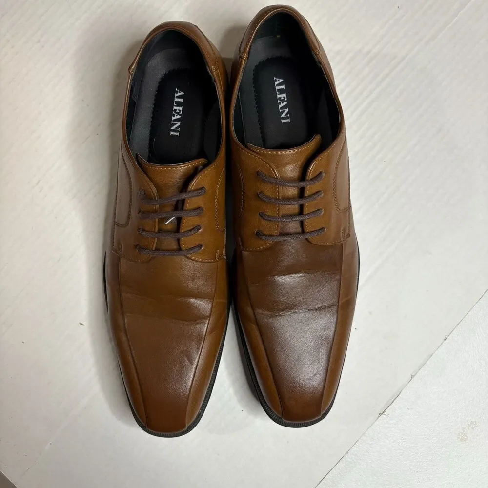 Alfani Mens Seth Cognac Brown Faux Leather Derby Dress Shoes 9.5M 42101